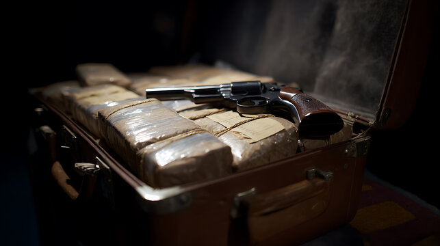 Close-up of a vintage revolver atop brown paper packages inside an open suitcase, dark and mysterious, suggesting illicit activity or crime