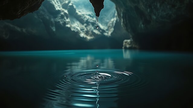 A water droplet falling into a still lake inside a vast cave.