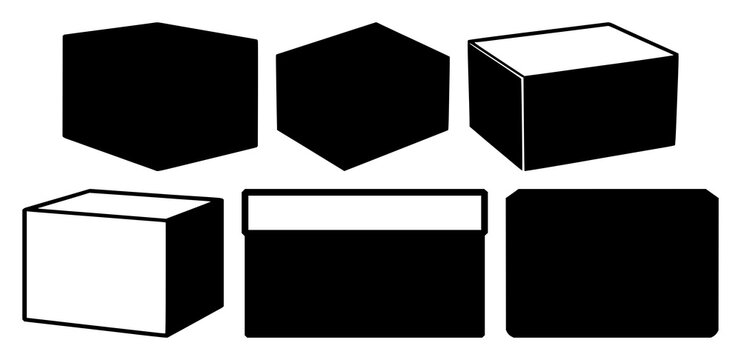 Container software box icon set with flat solid black lines on white background featuring app, software, programming icon with box and container and package