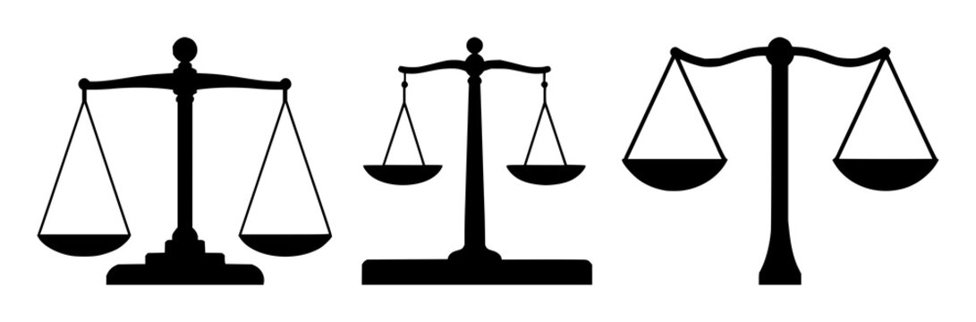 Ethical AI balance scales icon set with solid black illustration on white background featuring balance, justice, AI, ethics with technology and symbolism