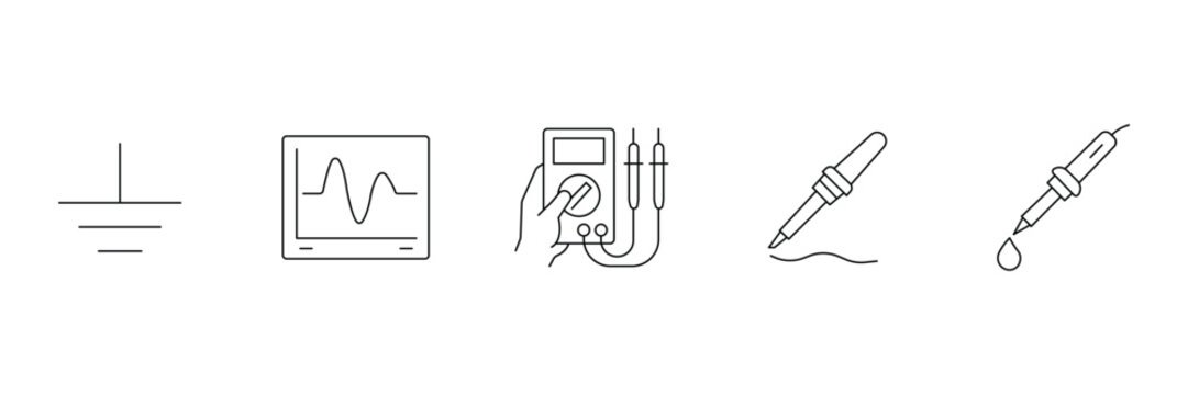 Electrical testing tools and grounding schematic line icon set vector illustration.