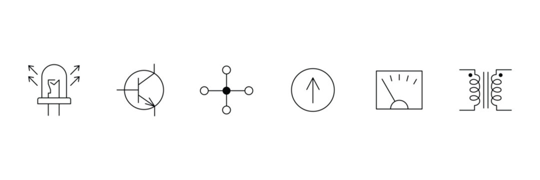 Electronic components transformer transistor and bulb schematic line icon set vector illustration.