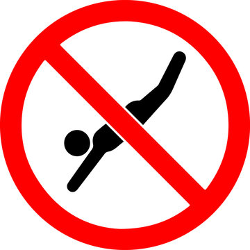 No diving sign vector icon with a red prohibition circle, indicating a restricted area for jumping or diving into water, suitable for swimming pools, beaches, and deep lakes.
