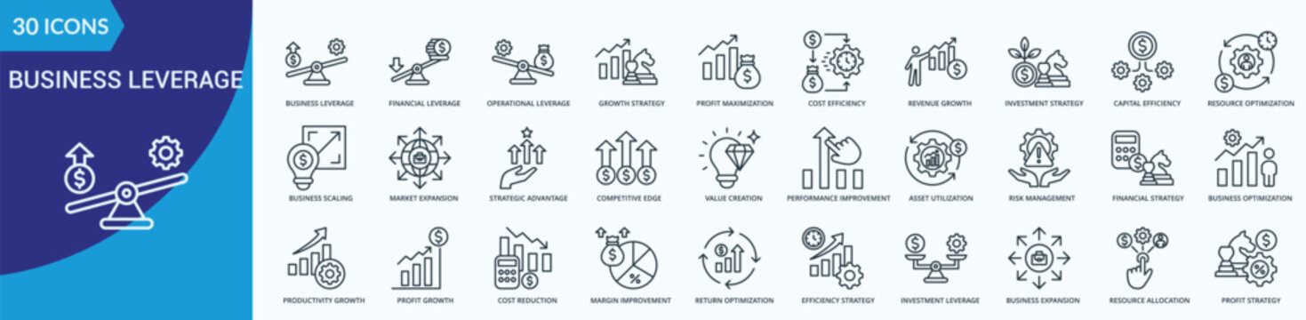 Business Leverage Icon Set Illustration Vector Outline Style with business leverage, financial leverage, operational leverage, growth strategy, profit maximization