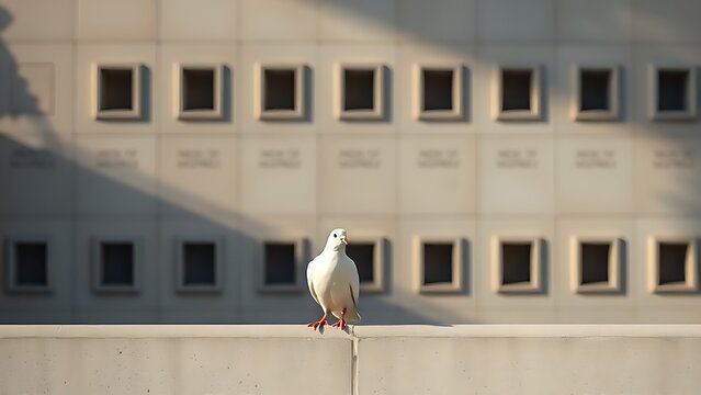 White dove perched on a ledge in front of a wall of memorial niches.