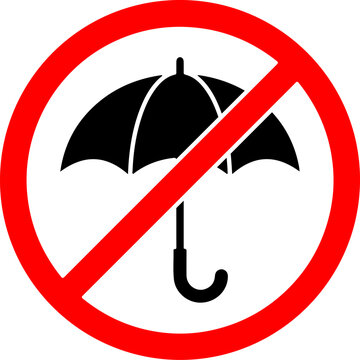 No umbrellas allowed sign, prohibition symbol with umbrella icon, indicating no umbrellas permitted in area.