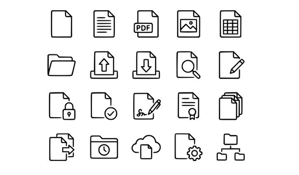 Document Management System and File Organization Thin Line Icon Set with PDF Format, Cloud Storage, Electronic Signature, and Secure Data Directory Symbols