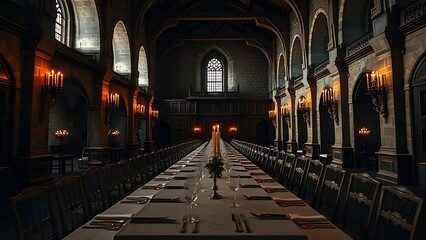 Fototapeta premium Empty long banquet table set with silverware in an ancient castle hall by candlelight.