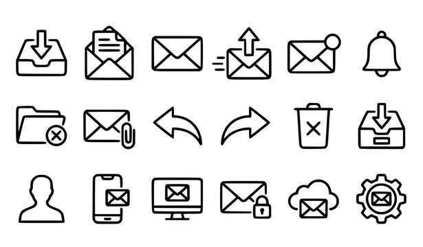 Email Communication and Electronic Mail Thin Line Icon Set with Inbox, Outbox, Letter Envelope, File Attachment, and Cloud Message Symbols