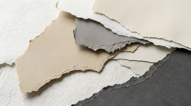 Stacked layers of torn deckle edge handmade paper in neutral tones.
