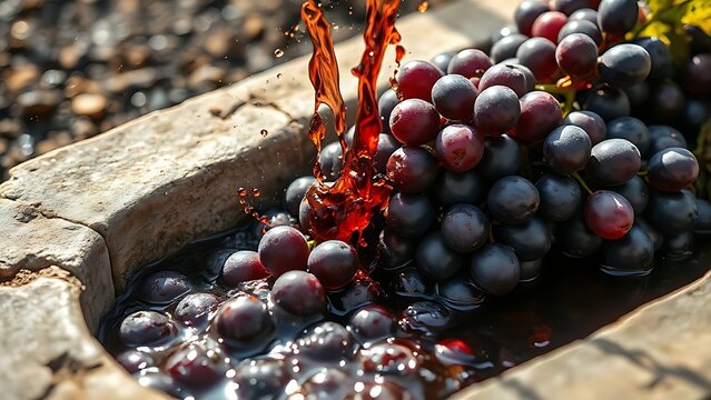 Crushed dark purple grapes releasing juice into a stone trough.