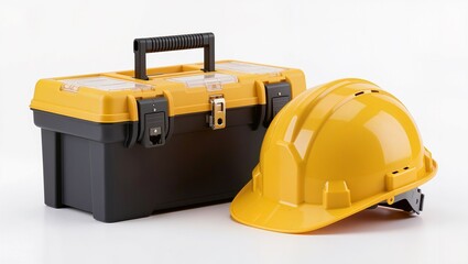 Naklejka premium Yellow hard hat and black toolbox positioned on a white background, showcasing essential safety equipment for construction and maintenance tasks
