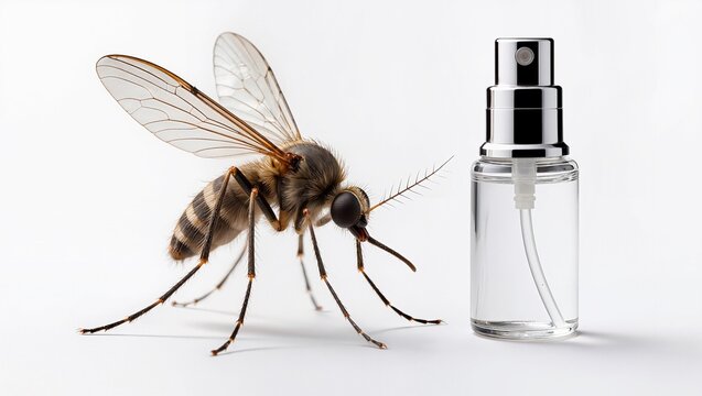 Close-up of a mosquito next to a clear spray bottle, highlighting the insect's detailed features and the product designed for insect repellent use