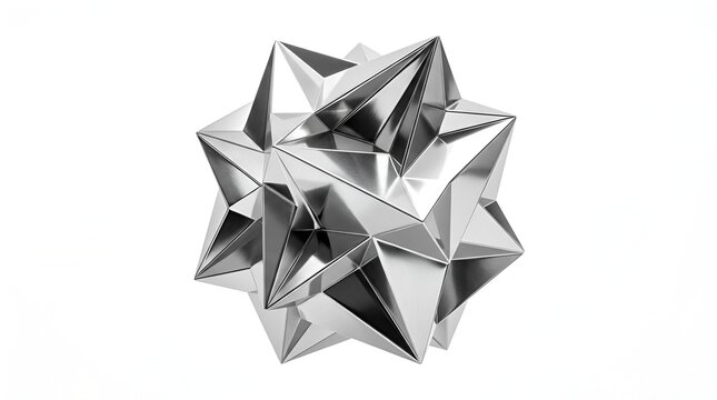 Abstract Geometric Star Sculpture, Reflective Metal, 3D Rendering