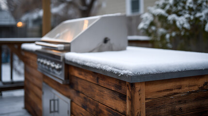 Obraz premium Outdoor kitchen island with stainless steel grill covered in fresh white snow on a cold winter day. Modern rustic design amidst nature