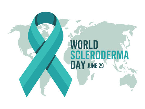 A teal ribbon on a world map background for World Scleroderma Day on June 29th
