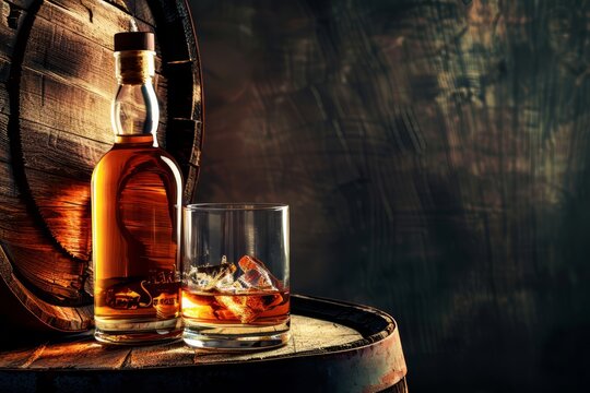 Luxury amber whiskey bottle and glass with ice on a wooden barrel