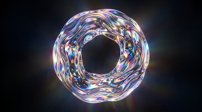 Abstract iridescent torus with light refractions on black background