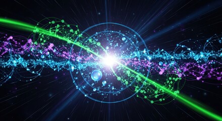 Obraz premium Vibrant digital art of a radiant beam intersecting colorful particles and geometric shapes in a dark space