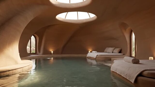Organically sculpted cave interior featuring an indoor pool, curved adobe walls, circular skylights with natural light, and minimalist daybeds in a serene luxury spa setting.