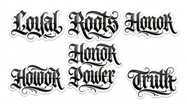 Gothic Chicano Lettering Stickers with Words Loyal Roots Honor Power and Truth Isolated on White for Streetwear Apparel Tattoo Design and Urban Culture Graphic Elements