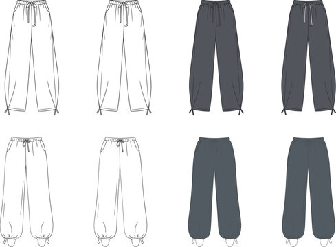 Wide leg and jogger style trousers fashion flat sketches featuring drawstring waistbands and hem ties in professional vector line art.