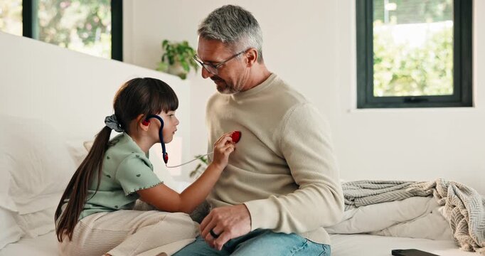 Home, child and pretend doctor with dad, role play and check heart beat with toy stethoscope on bed. Family, high five and mature man with daughter in bedroom, game or fake medical equipment in house