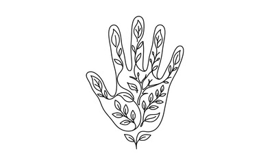 Fototapeta premium Hand shaped like a tree with green leaves illustration isolated on transparent background, Vector, illustration silhouette one line art design editable