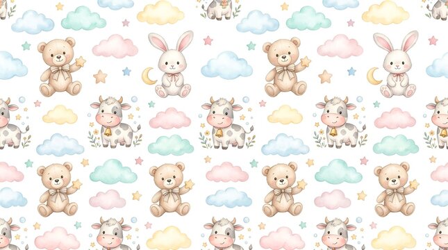 Cute Watercolor Baby Animals Seamless Pattern: Bears, Bunnies, and Cows with Clouds and Stars