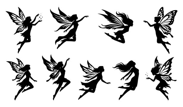 Fairy silhouette vector set with flying fantasy female character poses