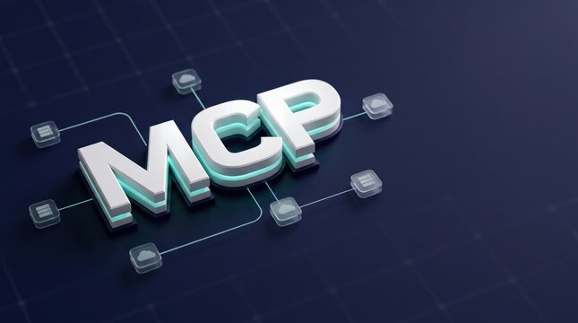 Futuristic MCP server and protocol network interface with glowing cloud nodes in dark tech space