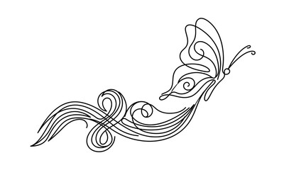 Fototapeta premium Elegant butterfly with flowing ribbon design in black and white isolated on transparent background, Vector, illustration silhouette one line art design editable