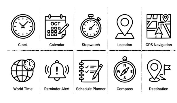 SEO Title:
Time date and location outline icon set editable vector collection isolated on white