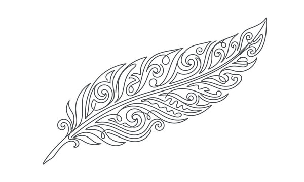 Intricate ornate feather design with detailed swirl patterns isolated on transparent background, Vector, illustration silhouette one line art design editable