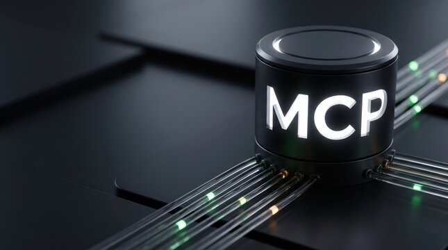 Futuristic MCP server and protocol network core with glowing data pipelines and glass cables