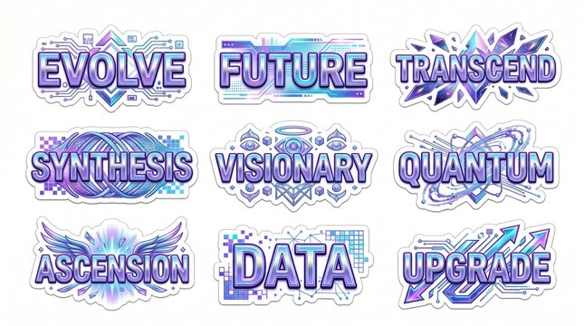 Futuristic Cyberpunk Text Sticker Set with Neon Words Evolve Future Transcend Synthesis Visionary Quantum Ascension Data Upgrade for Digital Gaming and Tech Branding Designs