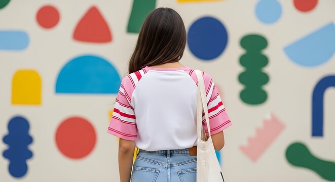 Woman with tote bag facing colorful abstract geometric wall back view carrying white bag