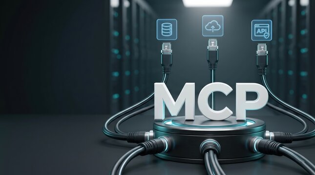3d MCP text on metallic hub with glowing data cables and icons, MCP server, protocol network infrastructure connection