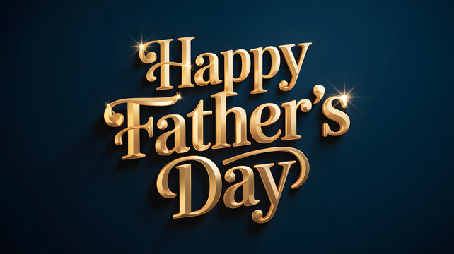 Golden Happy Fathers Day text with elegant script a luxurious greeting for a special celebration on a dark blue background.