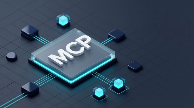 Isometric 3d MCP text on frosted glass platform with neon data lines, MCP server, protocol network architecture