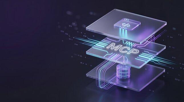 Layered glass panels showing MCP software stack with data streams, MCP server, protocol network integration