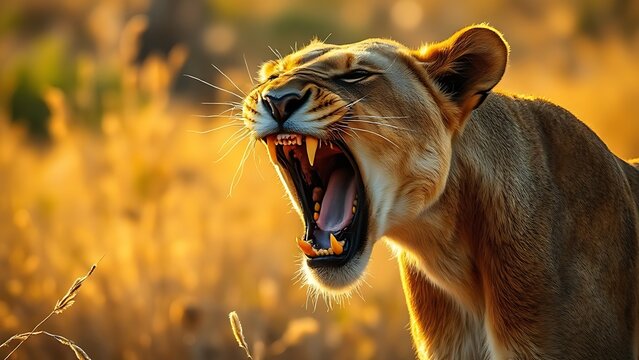 Lioness displaying fierce expression with visible fangs, bathed in golden savanna sunlight.