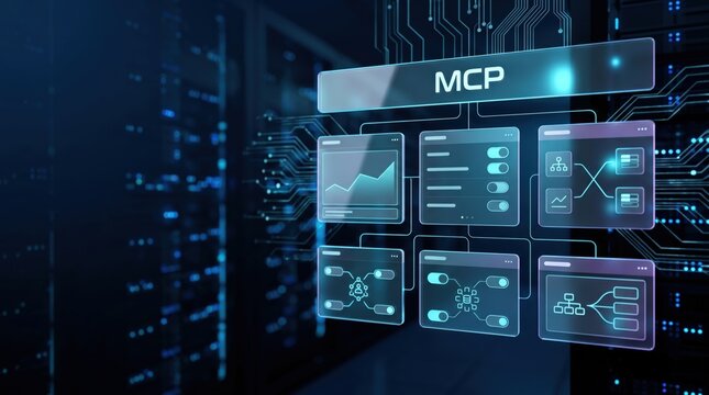 UI dashboard with MCP header and glass connectivity maps, MCP server, protocol network configuration interface