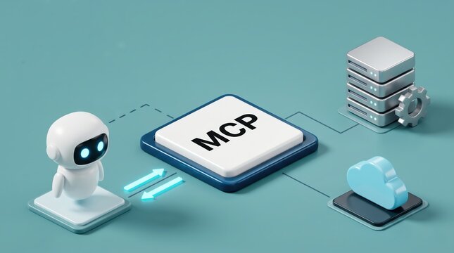 Isometric 3d robot and processor chip with MCP text and icons, MCP server, protocol network communication infographic