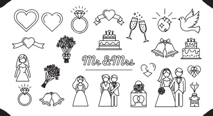 Obraz premium Elegant Wedding and Romance Symbols Collection in Black and White Line Art Style