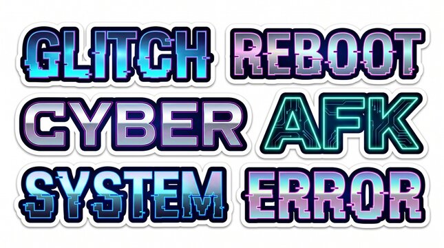 Set of Cyberpunk Glitch Text Stickers with Gaming Phrases Reboot Cyber AFK System Error, Retro Synthwave Aesthetic Neon Typography Isolated on White Background for Digital Designs