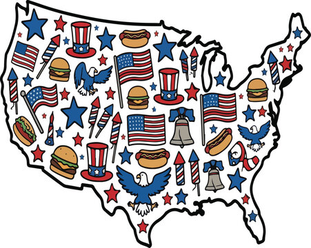 USA map outline filled with patriotic 4th of July doodle icons