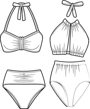 Art & IllVector technical fashion illustration of women's high waisted bikini set featuring a halter neck top with bow detail and ruched gathered swimwear bottoms sketch.ustration