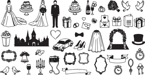 Obraz premium Collection of wedding and marriage icons in elegant line art style for celebrations