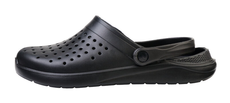 Black rubber clogs with strap isolated on white background.